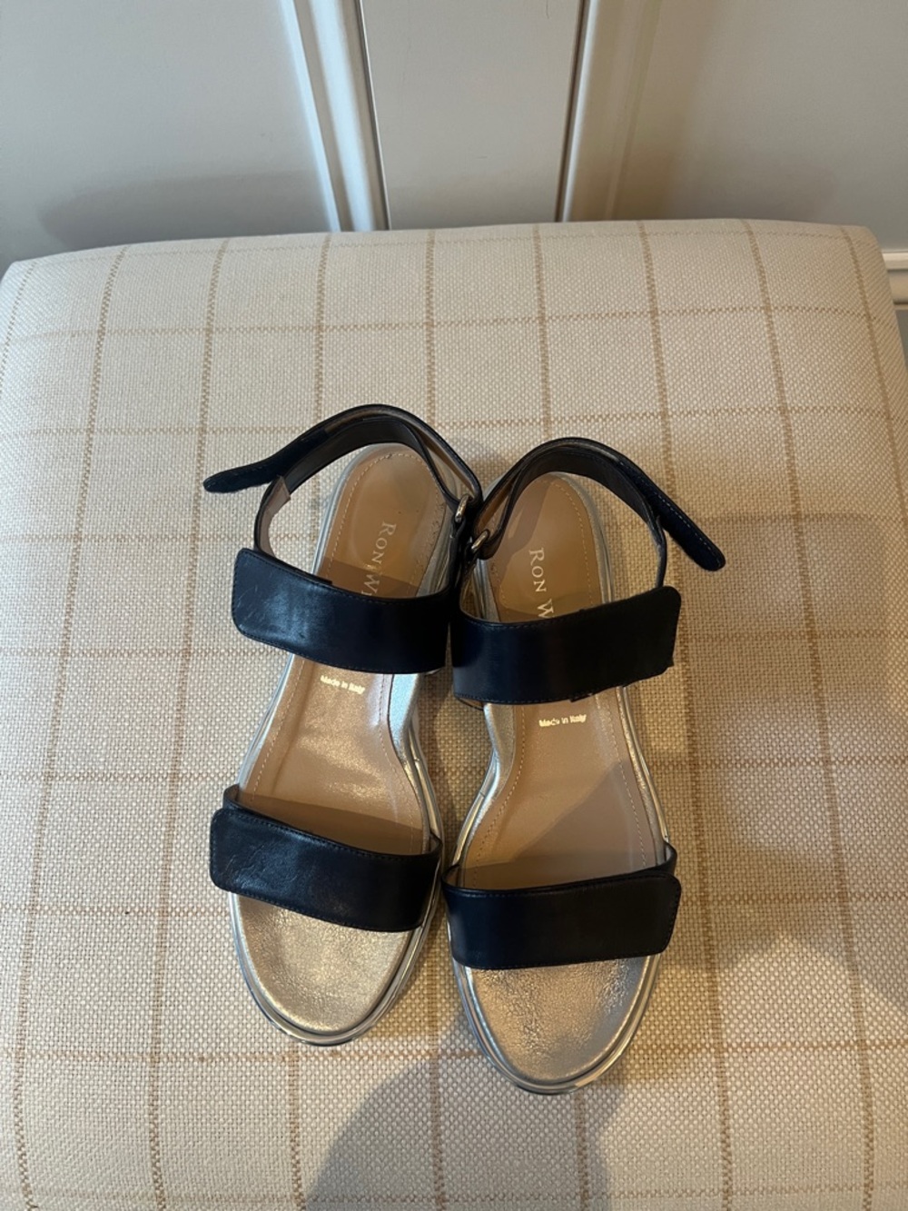 Ron White Navy and Silver Leather Two-Strap Sandals
